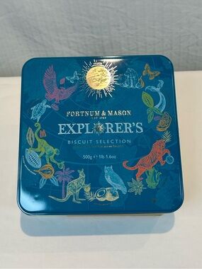Fortnum & Mason Explorer's Biscuit Tin Teal w Multicolor Botanical Illustrations